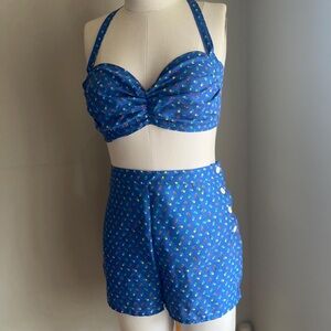 One of a Kind Cotton 1950s Styled Playsuit Set Blue with Floral Design Vintage